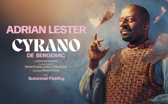 Cyrano de Bergerac West End show poster with actor gesturing amidst flying letters.
