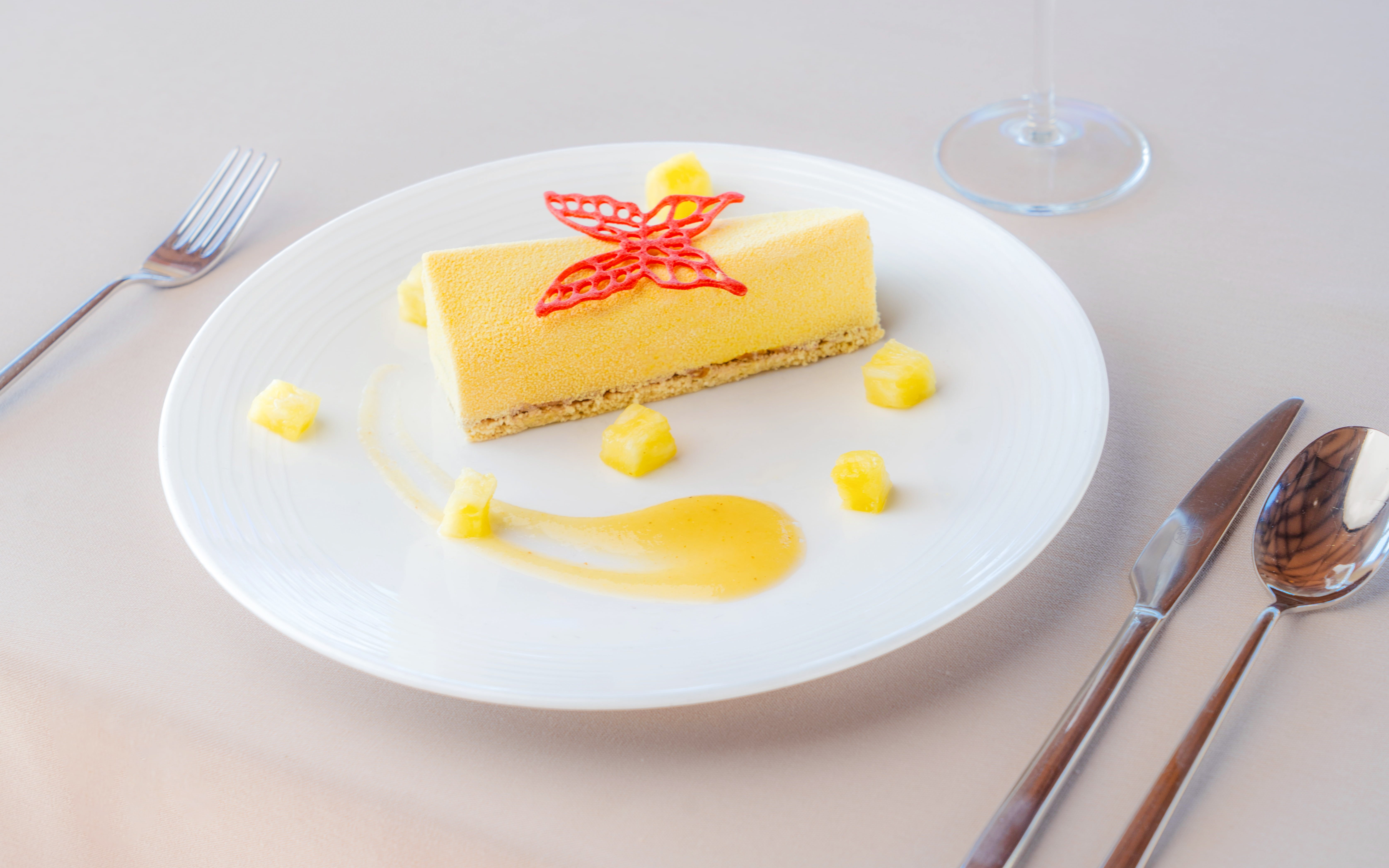 Dessert served on Bateaux Mouches Seine River cruise, featuring a yellow mousse with pineapple and sauce.
