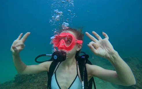 Scuba diver underwater in Fujairah showing OK sign during Abu Dhabi day trip.