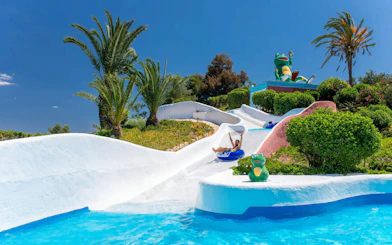 Visitors enjoying water rapids at Aqualand Algarve with palm trees and frog statue.