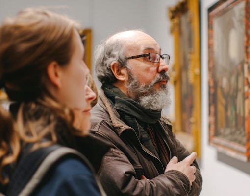 Guests observing paintings at an art gallery.