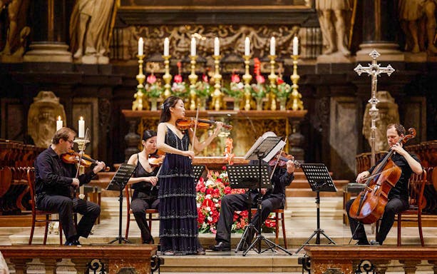 Orchestra performing inside St. Stephen's Cathedral, Vienna.
