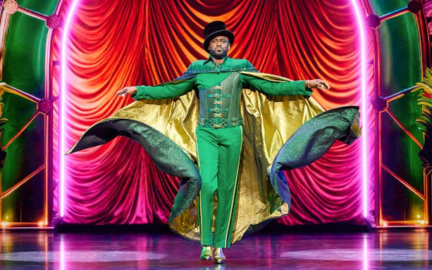 Performer in green costume on stage during The Wiz musical.