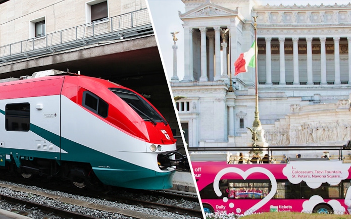 Leonardo Express train and Rome hop-on hop-off bus near Altare della Patria.