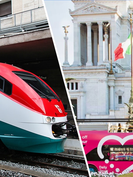 Leonardo Express train and Rome hop-on hop-off bus near Altare della Patria.