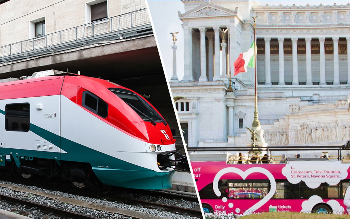 Leonardo Express train and Rome hop-on hop-off bus near Altare della Patria.