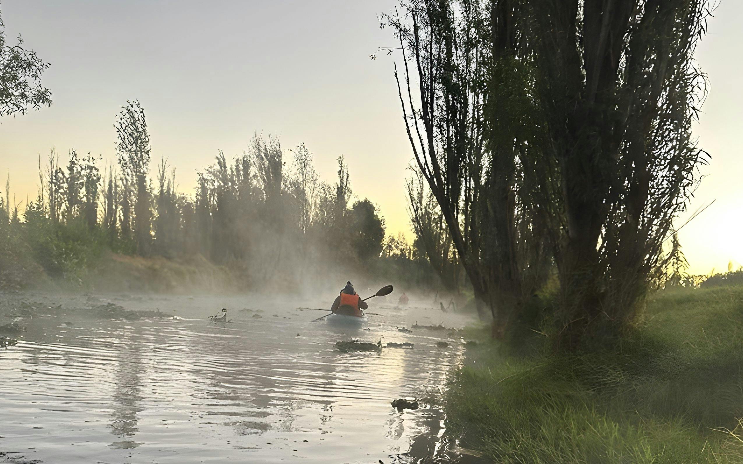 Kayaking at sunrise through misty canals in Xochimilco.