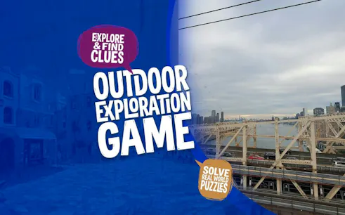 Self-guided city exploration game on Roosevelt Island, New York, featuring bridge and skyline views.