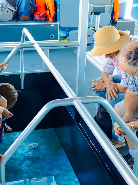 People observing marine life through glass floor on Airlie Beach Glass Bottom Boat tour.