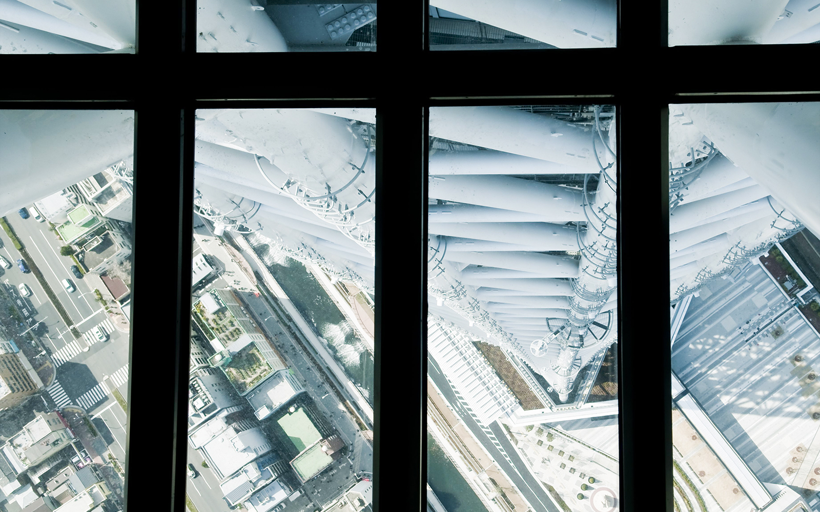 View through the glass floor at Tokyo Skytree observation deck.