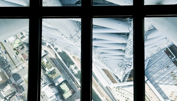 View through the glass floor at Tokyo Skytree observation deck.