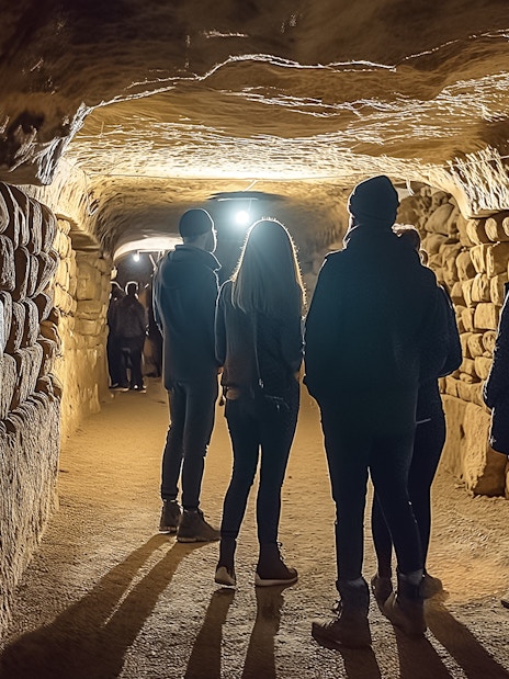 Tour group exploring catacombs with guide.