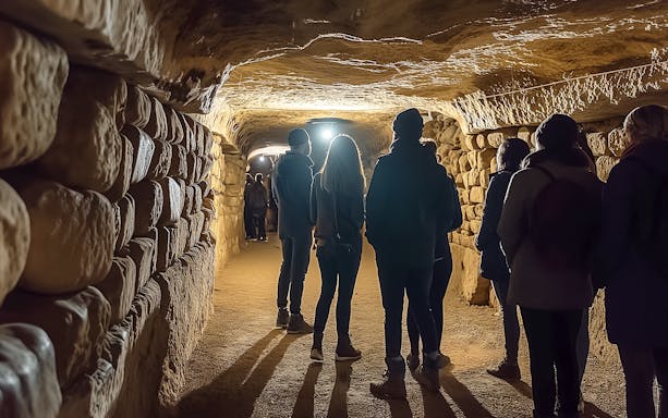 Tour group exploring catacombs with guide.