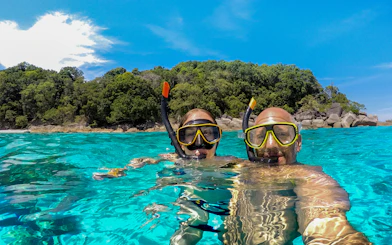Snorkelers in clear water near Similan Islands, lush greenery in background.