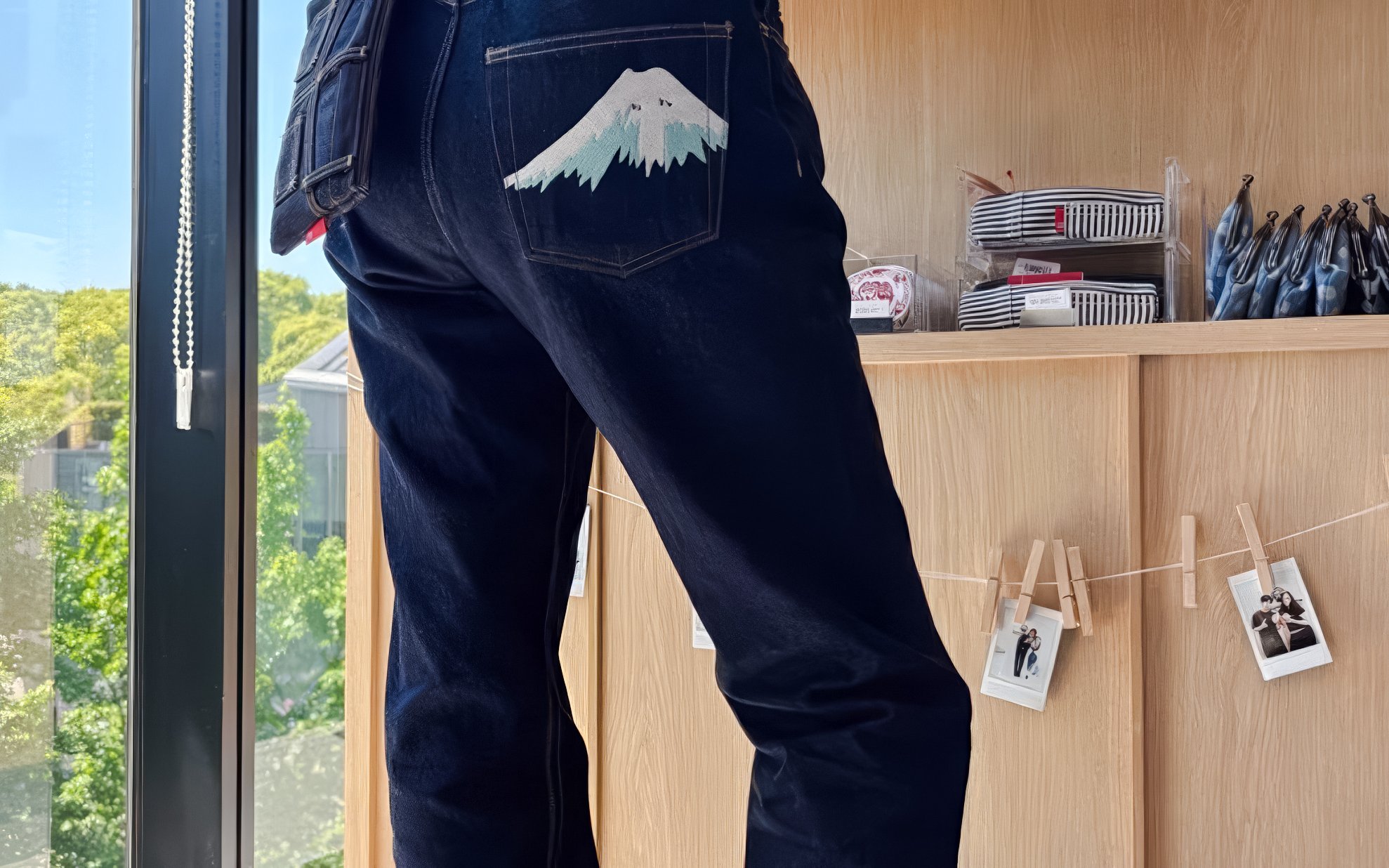 Jeans with Mount Fuji design on back pocket at Tokyo denim workshop.