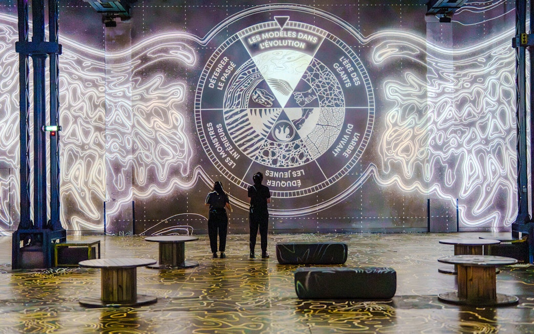 Visitors viewing dinosaur evolution display at Prehistoric Planet exhibition, Atelier des Lumières.