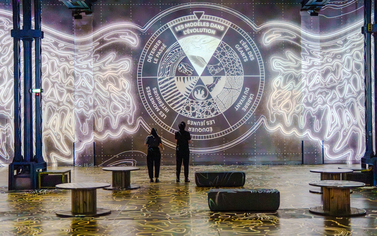 Visitors viewing dinosaur evolution display at Prehistoric Planet exhibition, Atelier des Lumières.
