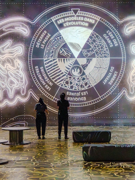 Visitors viewing dinosaur evolution display at Prehistoric Planet exhibition, Atelier des Lumières.