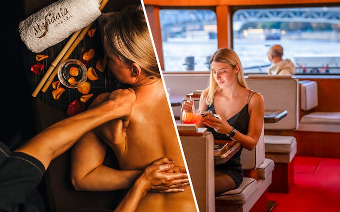 Budapest Mandala Day Spa massage and woman dining on a boat.