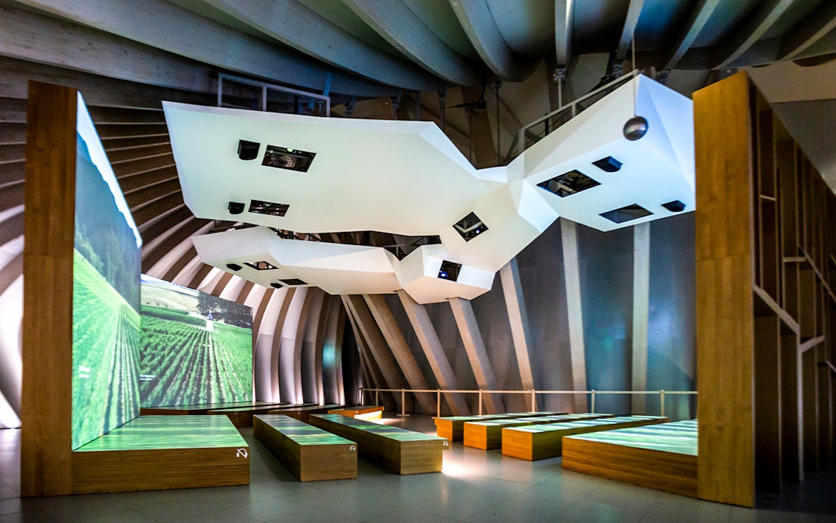 Cité du Vin museum interior with vineyard projections, Bordeaux, France.
