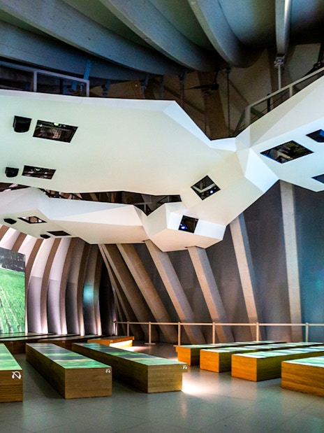 Cité du Vin museum interior with vineyard projections, Bordeaux, France.