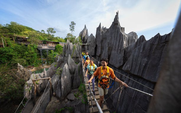 Visitors crossing a suspension bridge at Rainforest Wild Adventure.