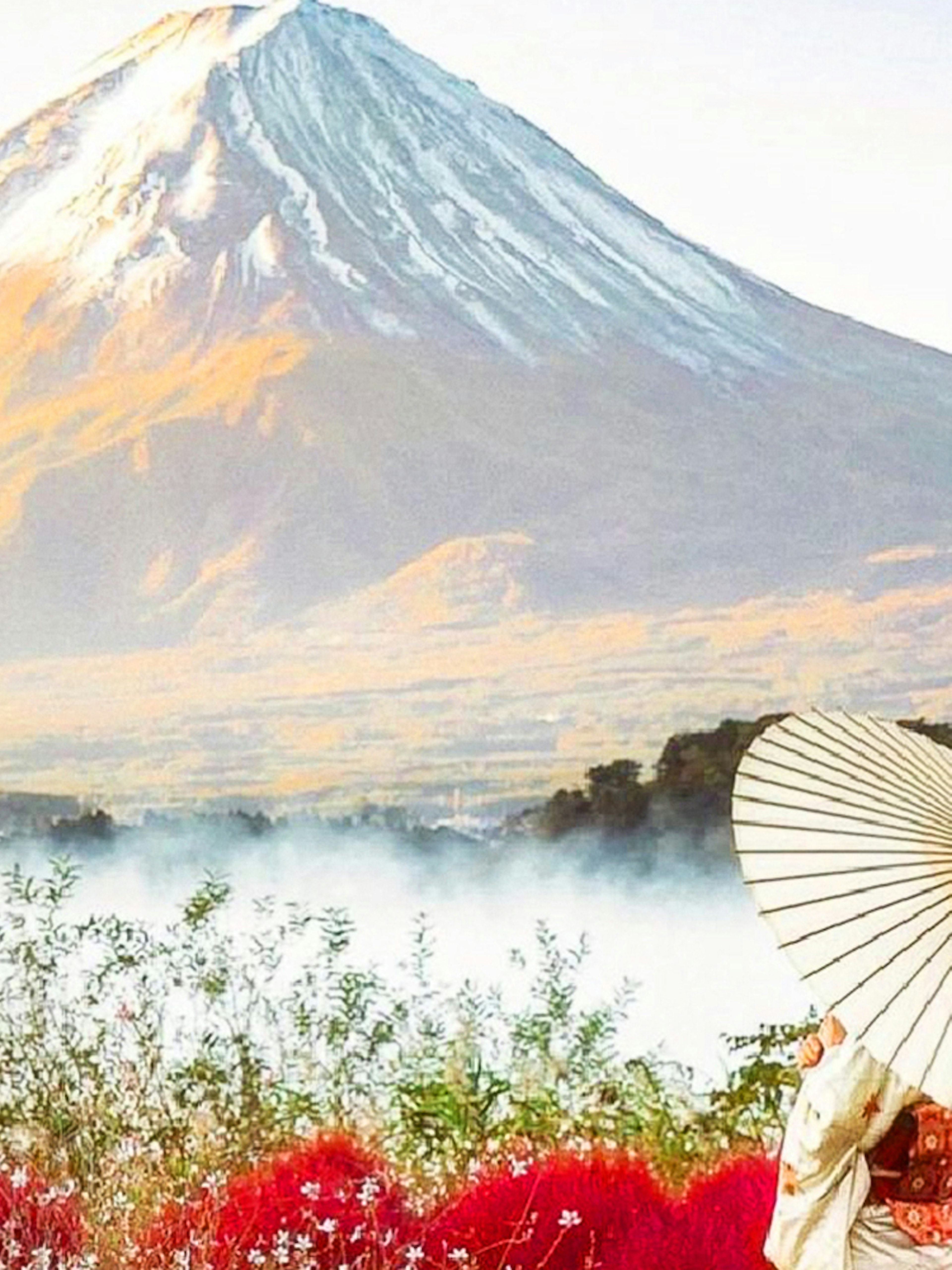 Woman in kimono with umbrella in front of Mount Fuji, Japan.