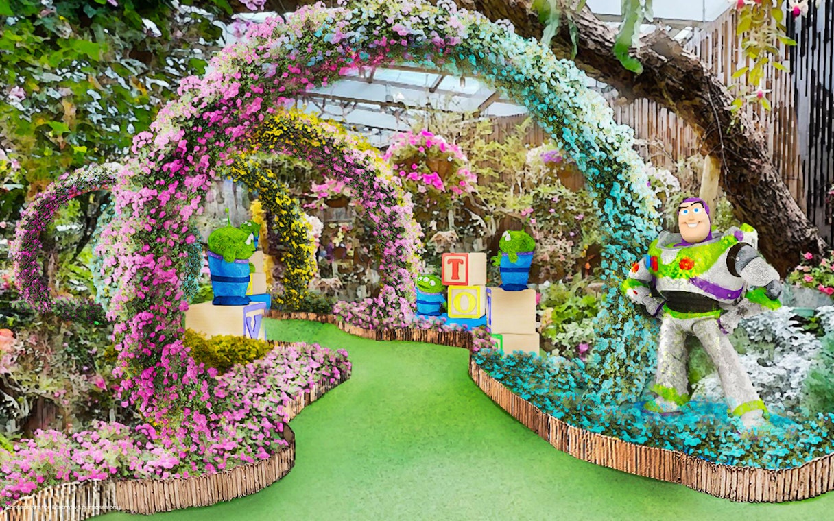 Buzz Lightyear and floral arches at Gardens by the Bay's Floral Fantasy, Singapore.