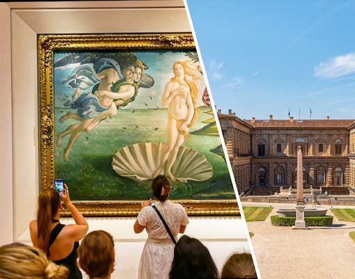 Uffizi Gallery exterior with Vasari Corridor, Florence, Italy, part of combo tour with Pitti Palace and Boboli Gardens.