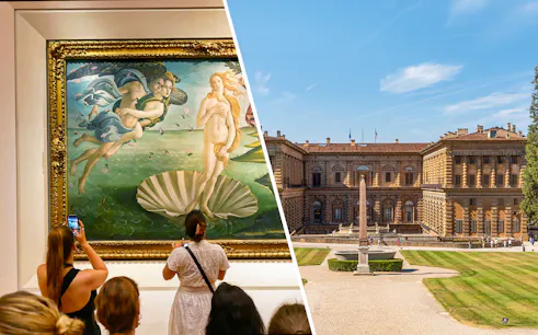 Uffizi Gallery visitors viewing Botticelli's "Birth of Venus" and exterior of Pitti Palace, Florence.