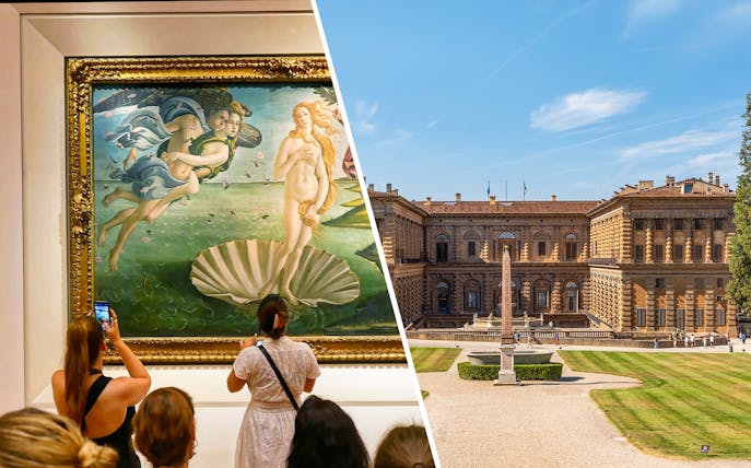 Uffizi Gallery visitors viewing Botticelli's "Birth of Venus" and exterior of Pitti Palace, Florence.