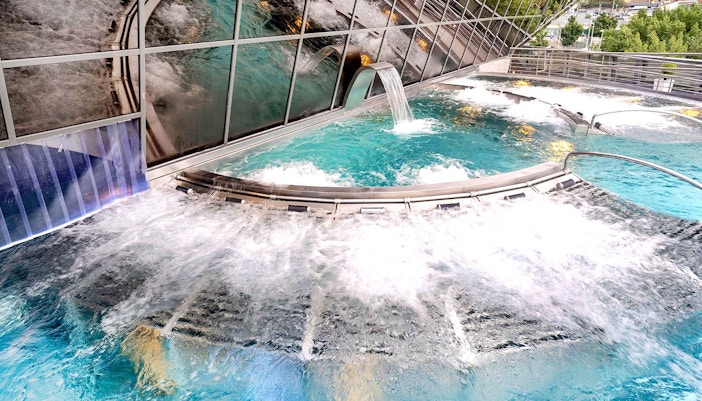 Caldea spa complex with thermal pools in Andorra, view of modern architecture.