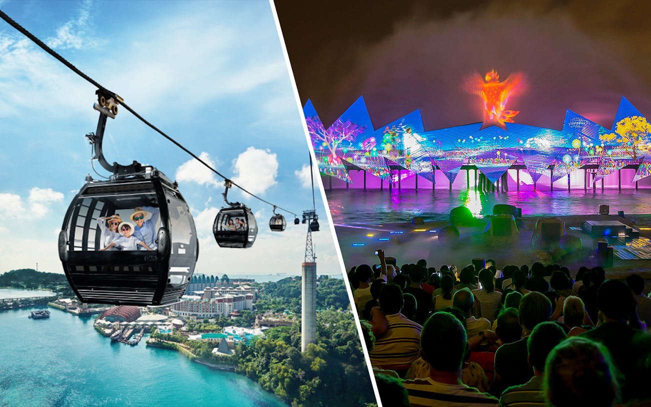Singapore Cable Car over Sentosa Island and Wings of Time light show at night.