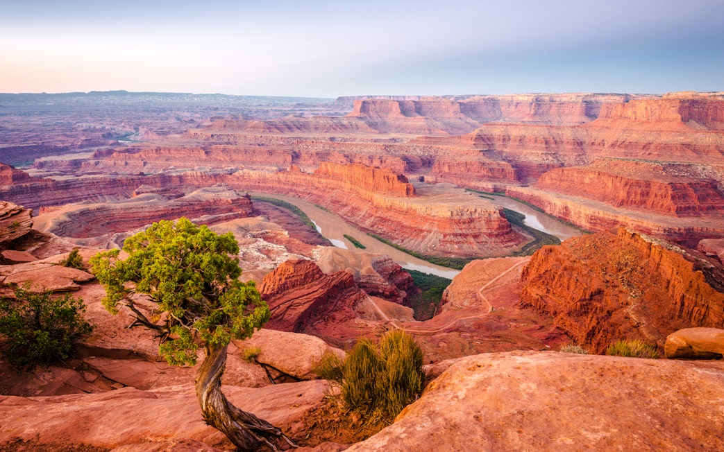 Grand Canyon view with winding river and rugged red rock formations.