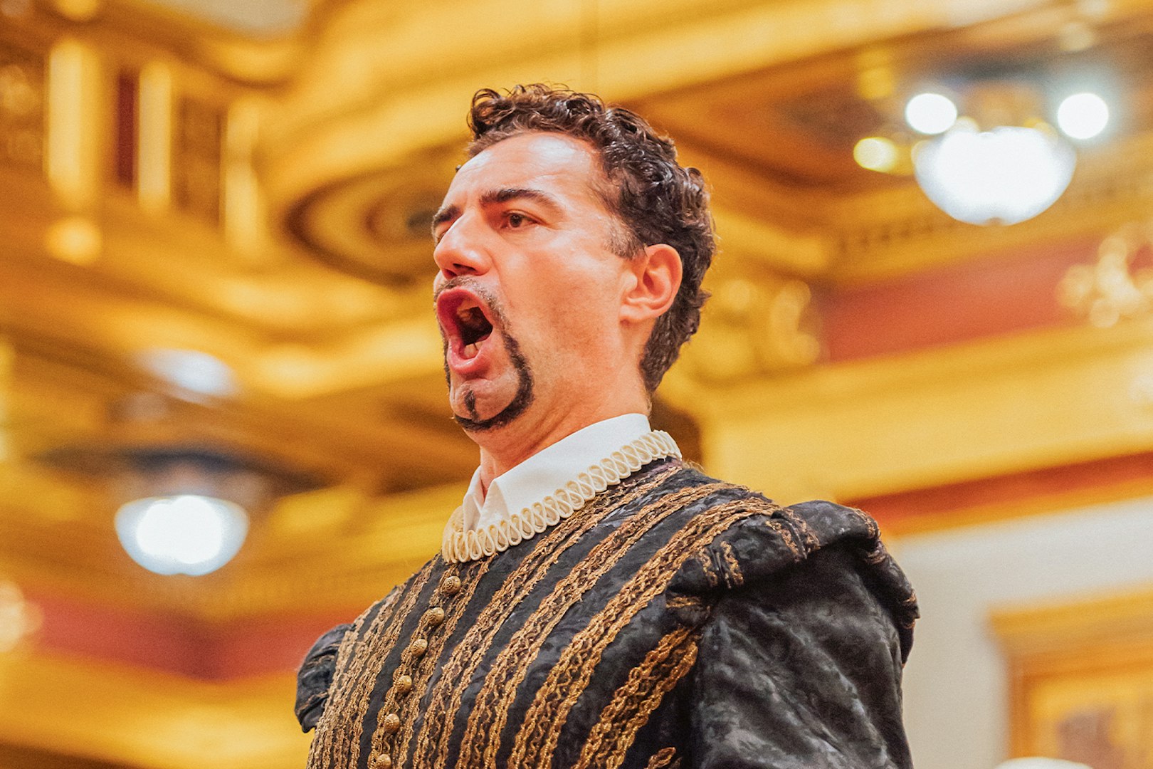 Opera singer performing at Vienna State Opera during Mozart concert.
