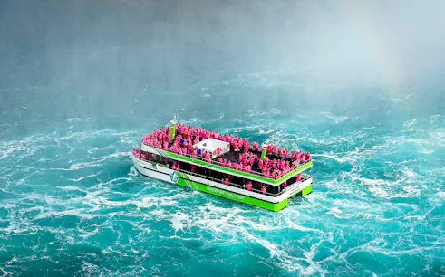 Maid of the Mist boat with passengers in pink ponchos near Niagara Falls.