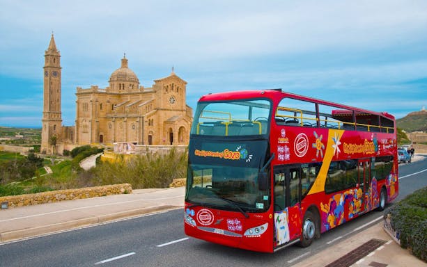 City Sightseeing Gozo bus near Ta' Pinu National Shrine, Malta.