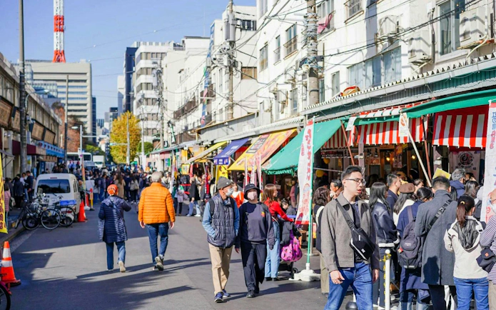 Tourists walking along the bustling street outside Tsukiji Fish Market in Tokyo.