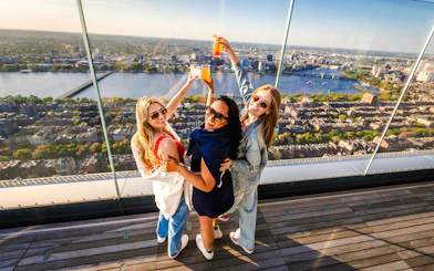 Group enjoying drinks with a panoramic view of Boston skyline from an observation deck.