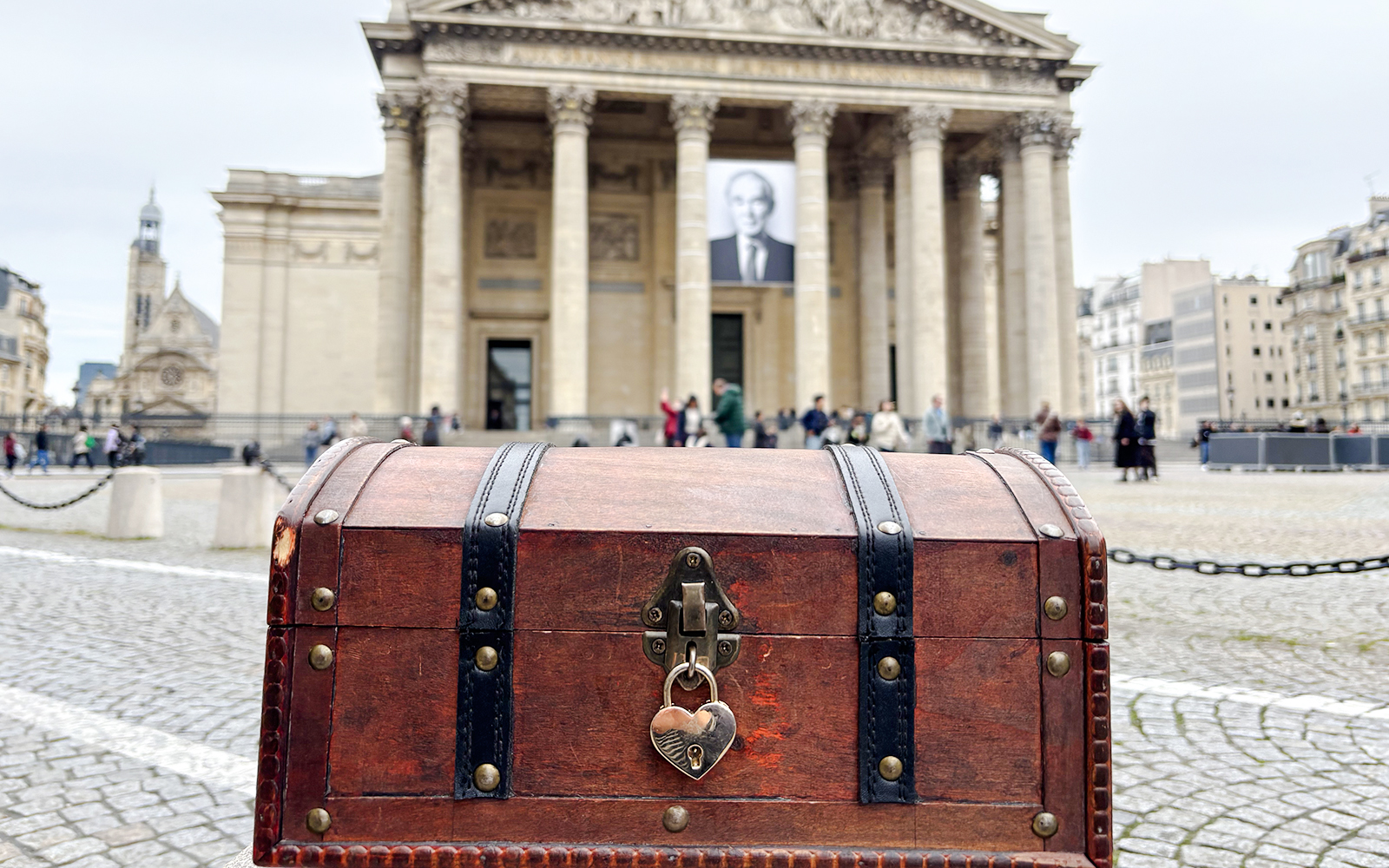 Treasure chest in front of the Panthéon, Paris, part of the Treasure Hunt tour to the Louvre.