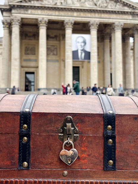 Treasure chest in front of the Panthéon, Paris, part of the Treasure Hunt tour to the Louvre.