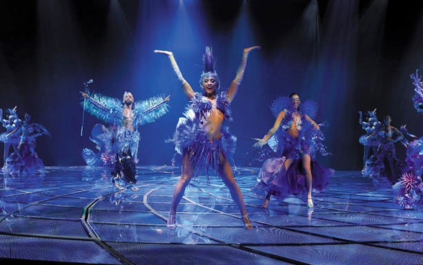 Performers in vibrant costumes on stage during the "Awakening" show.