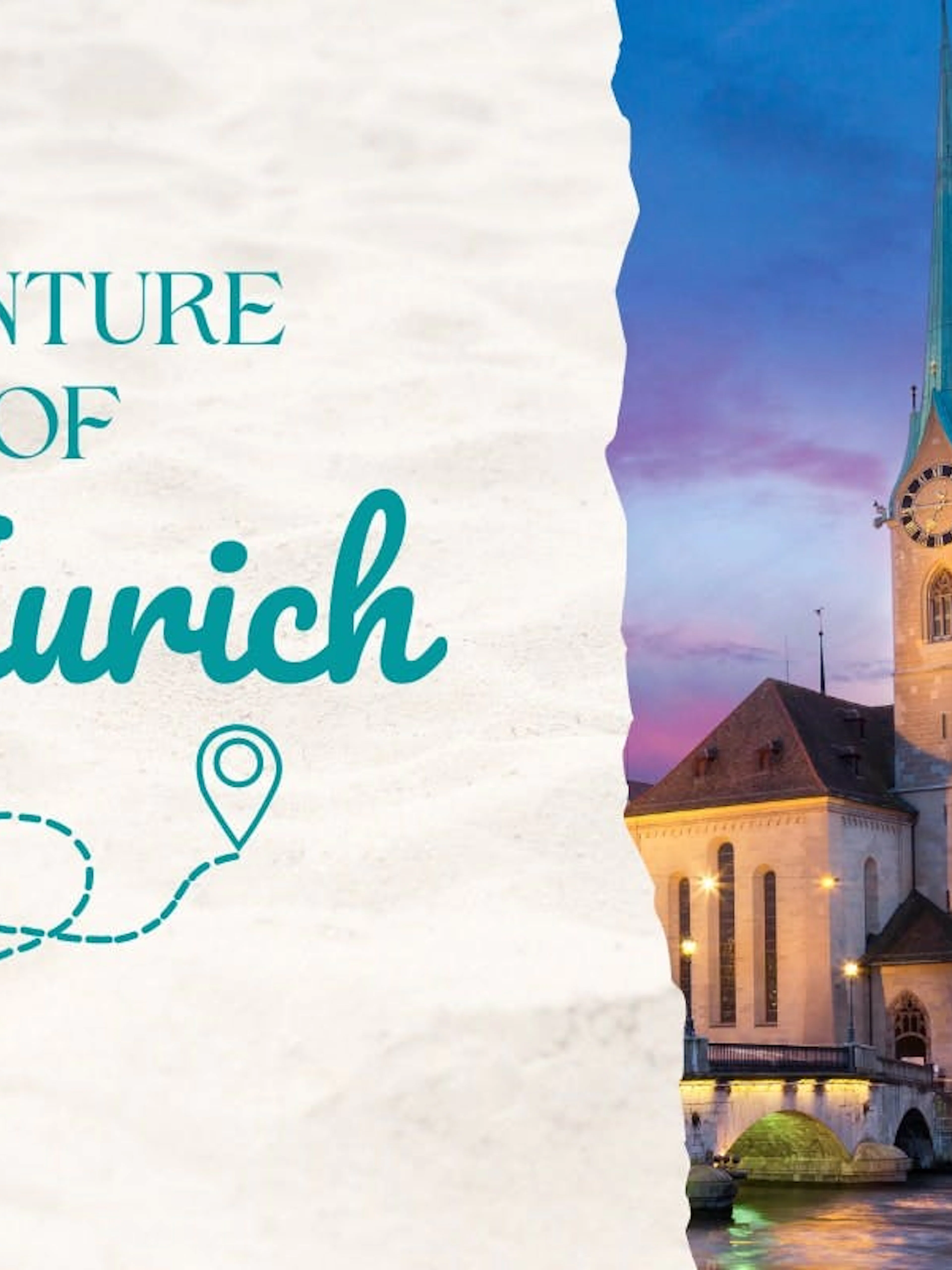 Zurich cityscape with Fraumünster Church at sunset, promoting self-guided exploration game.