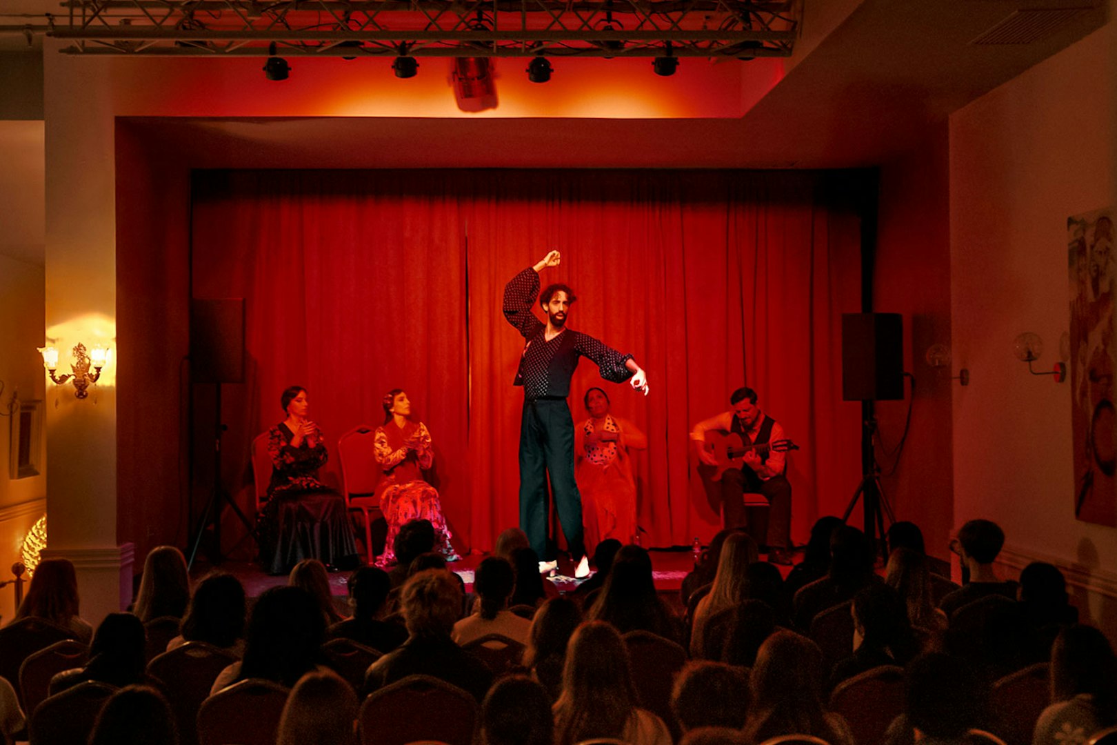 Flamenco dancers performing on stage at Laietana, Barcelona.