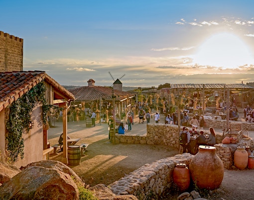 Puy du Fou España park panorama with historical reenactment scene in Toledo, Spain.