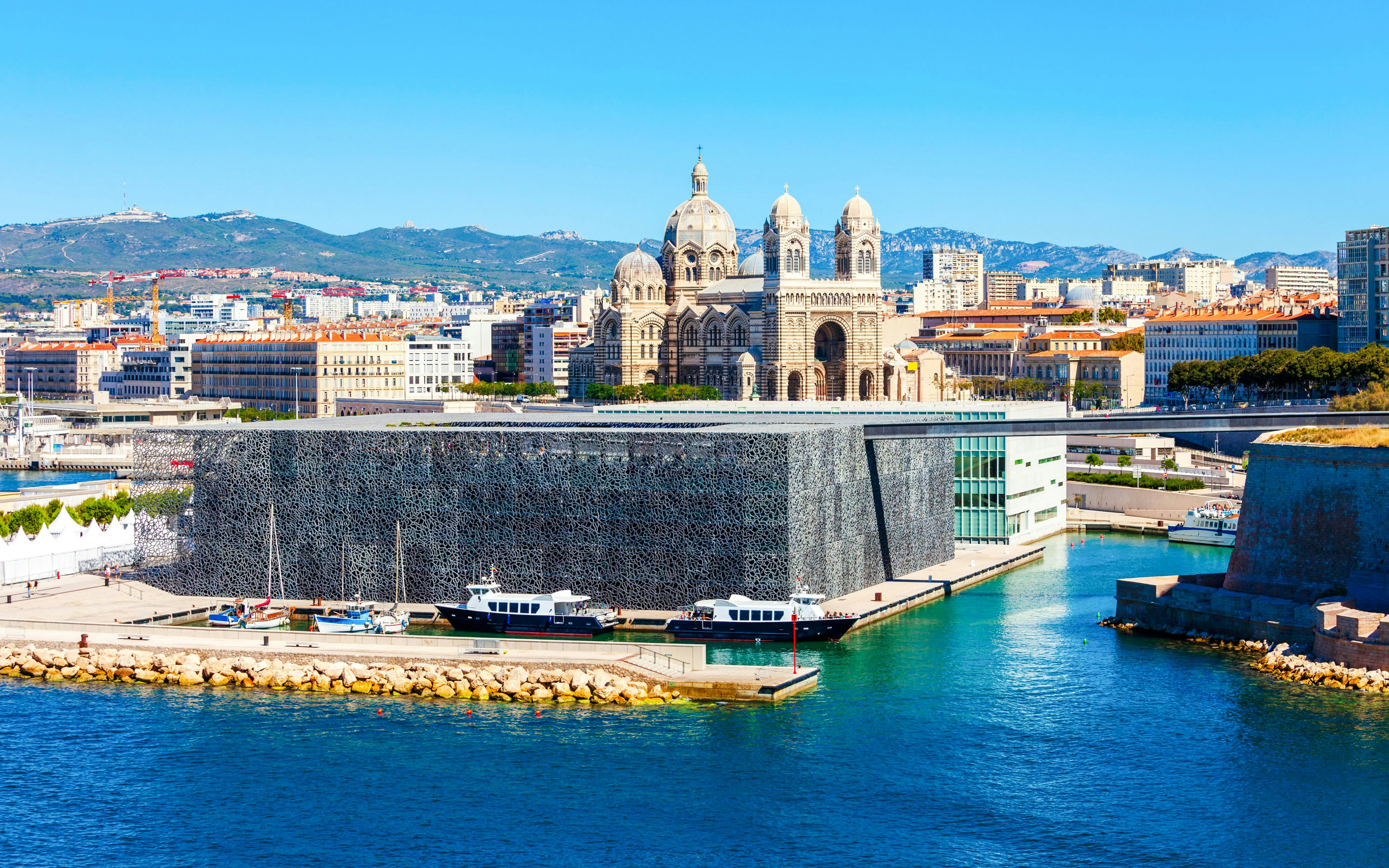MuCEM museum and Marseille Cathedral with cityscape in Marseille, France.