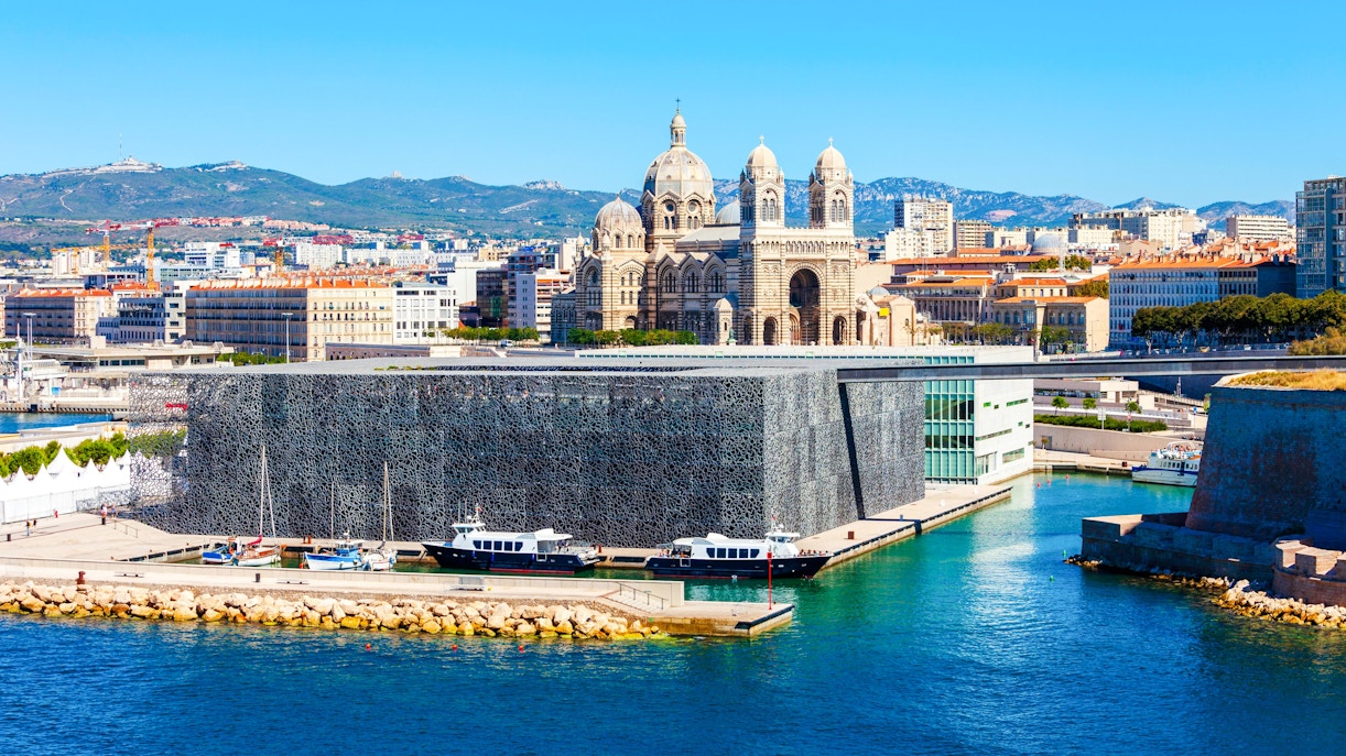 MuCEM museum and Marseille Cathedral with cityscape in Marseille, France.