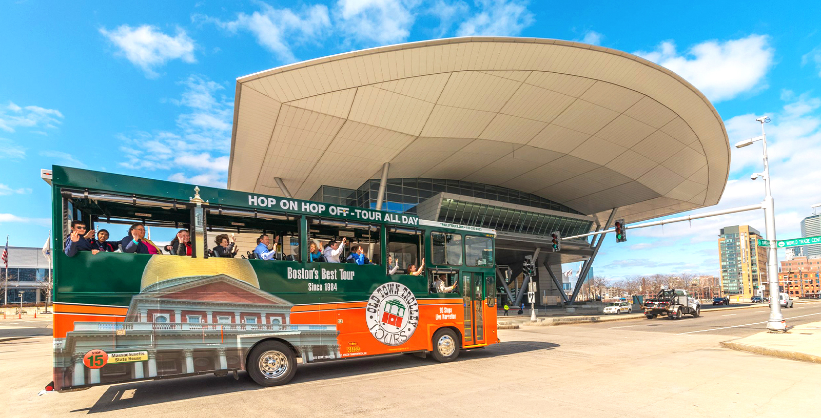 Boston Old Town Trolley passing historic buildings on a guided city tour.