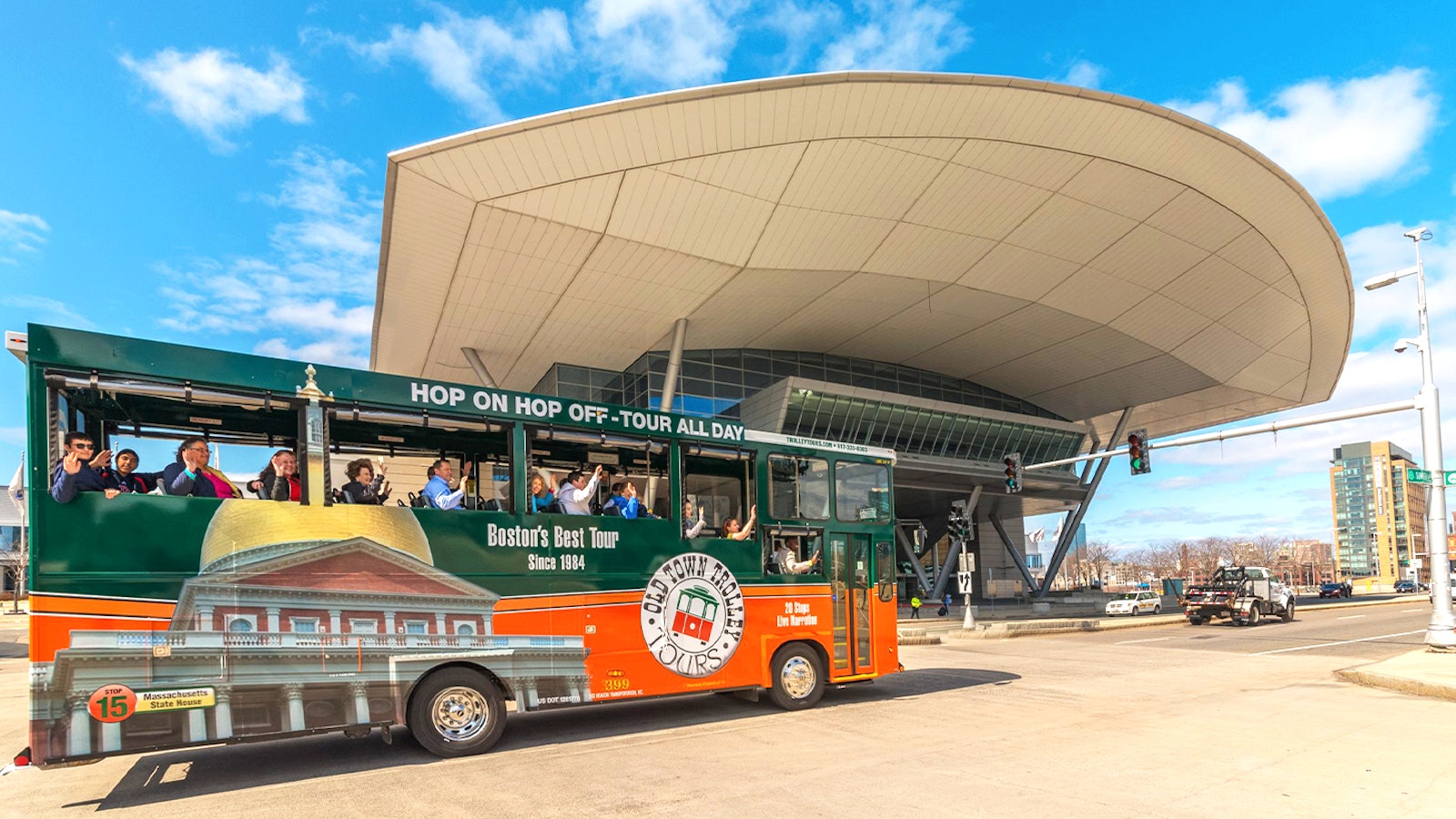Boston Old Town Trolley passing historic buildings on a guided city tour.