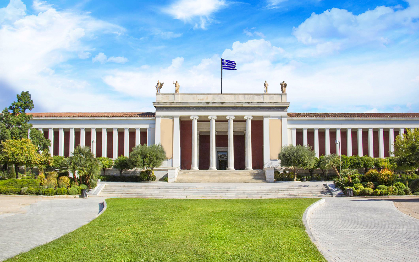 National Archaeological Museum facade with neoclassical columns in Athens, Greece.